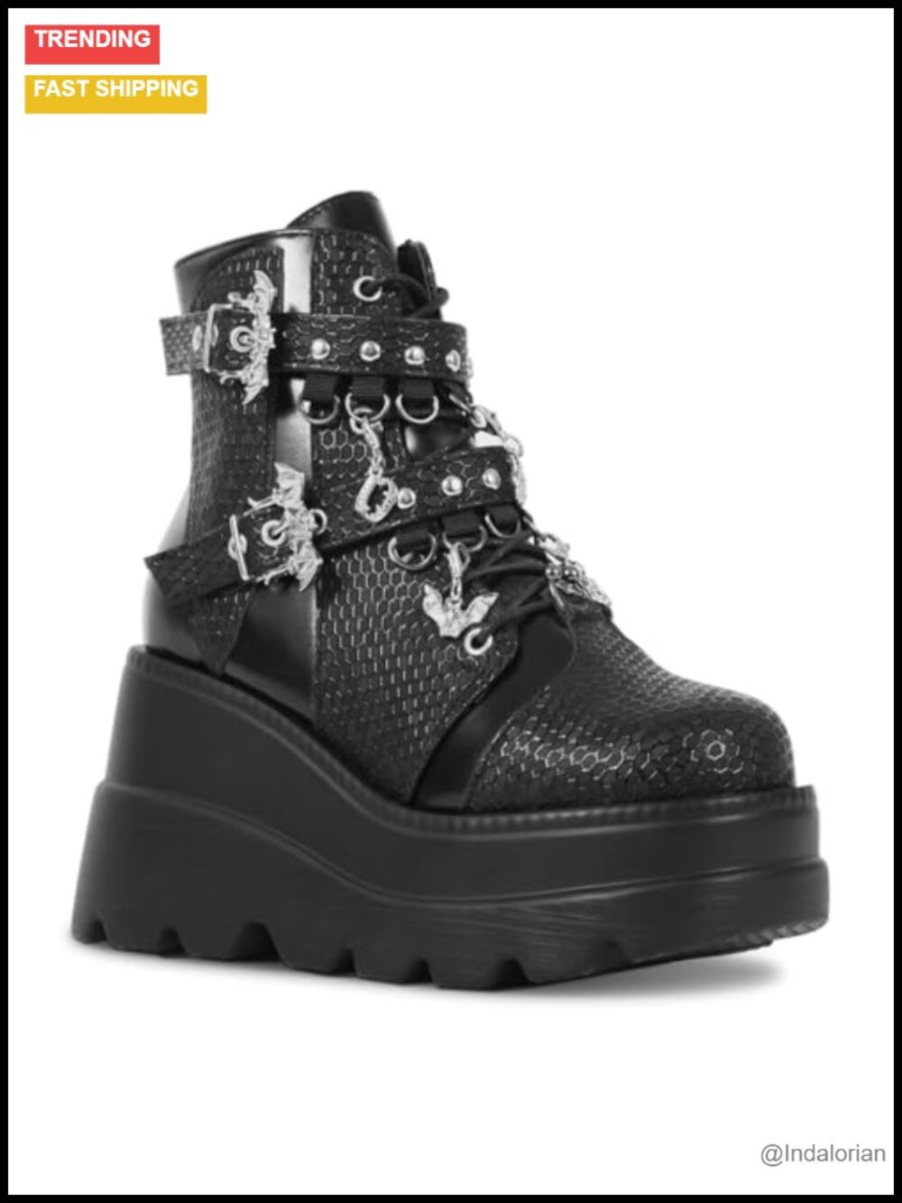 Goth Chunky Ankle Boots DIY Bat Buckle Platform Lace Up Combat Bootie